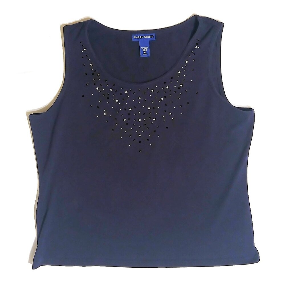 ✨ Karen Scott Sleeveless Embellished Blouse – Navy Blue – Elegant & Versatile  ✨